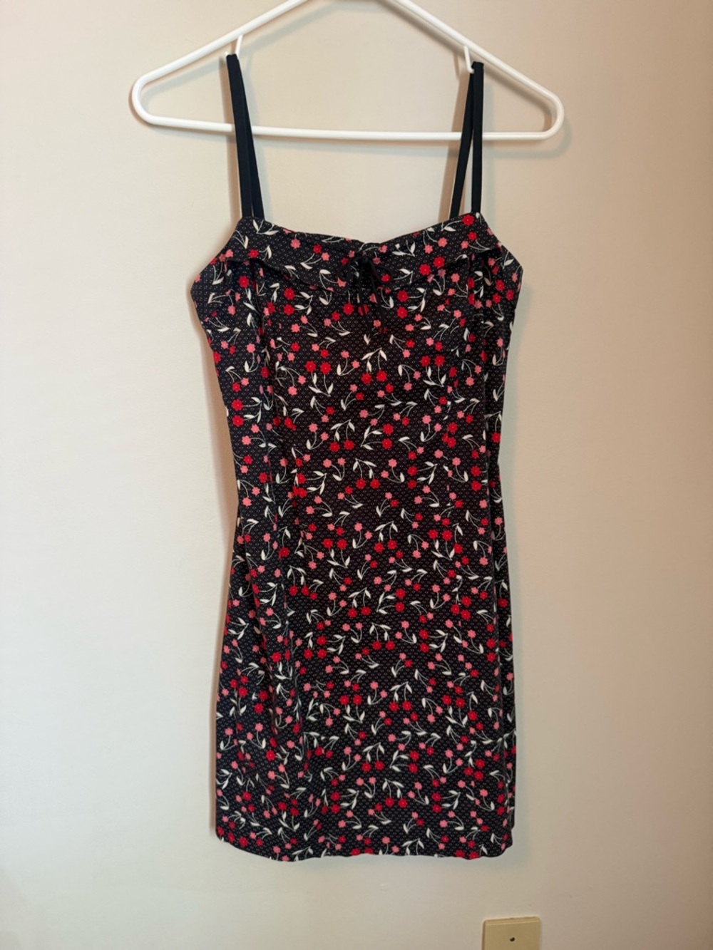 LOFT Black Mini Slip Dress with Red Floral Print